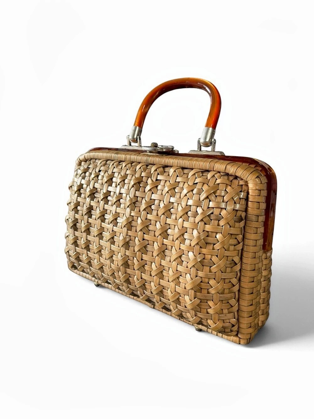 Vintage 60s Handmade Wicker British Hong Kong Purse wTortoise-Look Lucite Handle